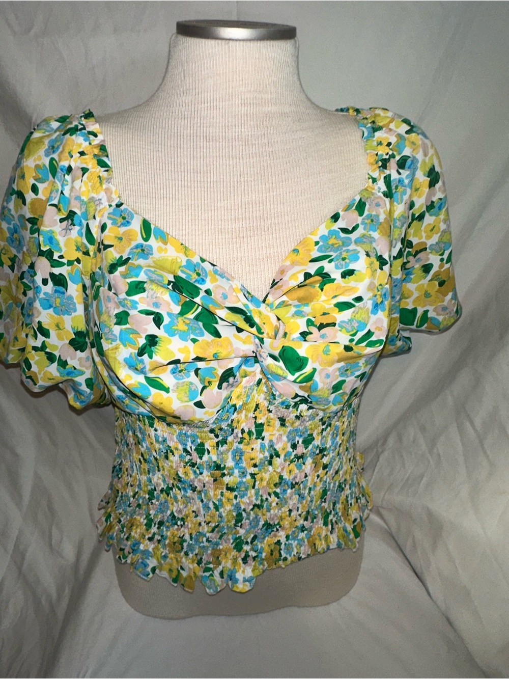 Smocked Floral Twist-Front Crop Top - Yellow Green Blue